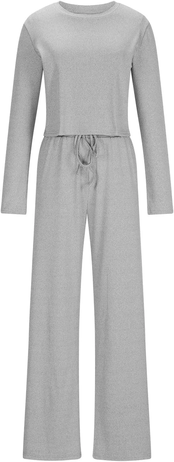 Women's 2 Piece Lounge Sets Long Sleeve Crop Tops Flare Long Pants Ribbed Knit Matching Set 2024 Fall Fashion Outfits
