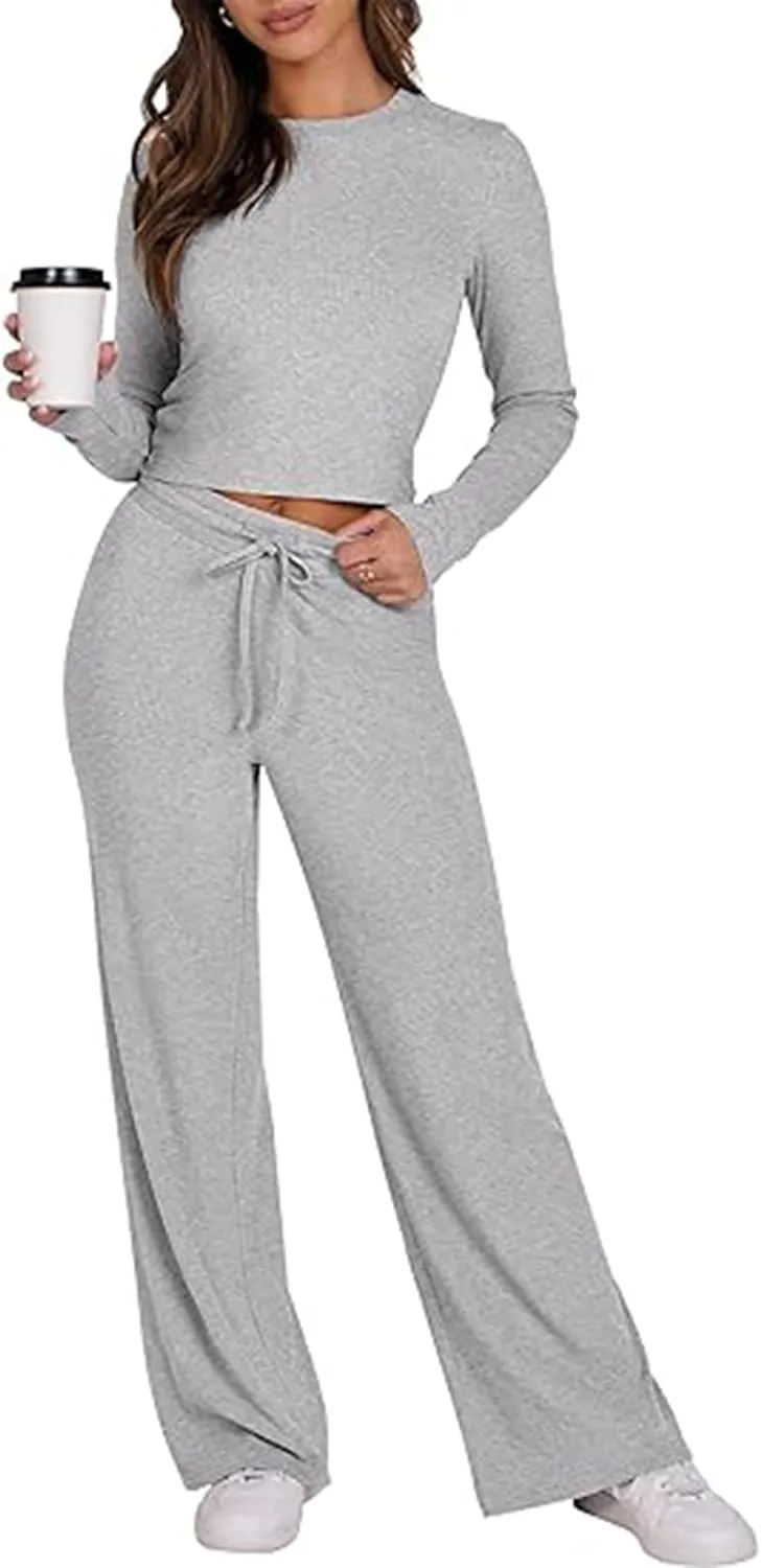 Women's 2 Piece Lounge Sets Long Sleeve Crop Tops Flare Long Pants Ribbed Knit Matching Set 2024 Fall Fashion Outfits