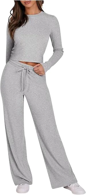 Women's 2 Piece Lounge Sets Long Sleeve Crop Tops Flare Long Pants Ribbed Knit Matching Set 2024 Fall Fashion Outfits
