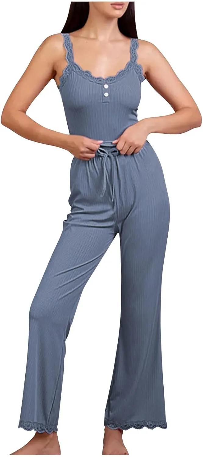 Women's 2 Piece Lounge Sets Ribbed Knit Crop Top High Waisted Wide Leg Pants Soft Sleepwear Loungewear Pajamas Sets