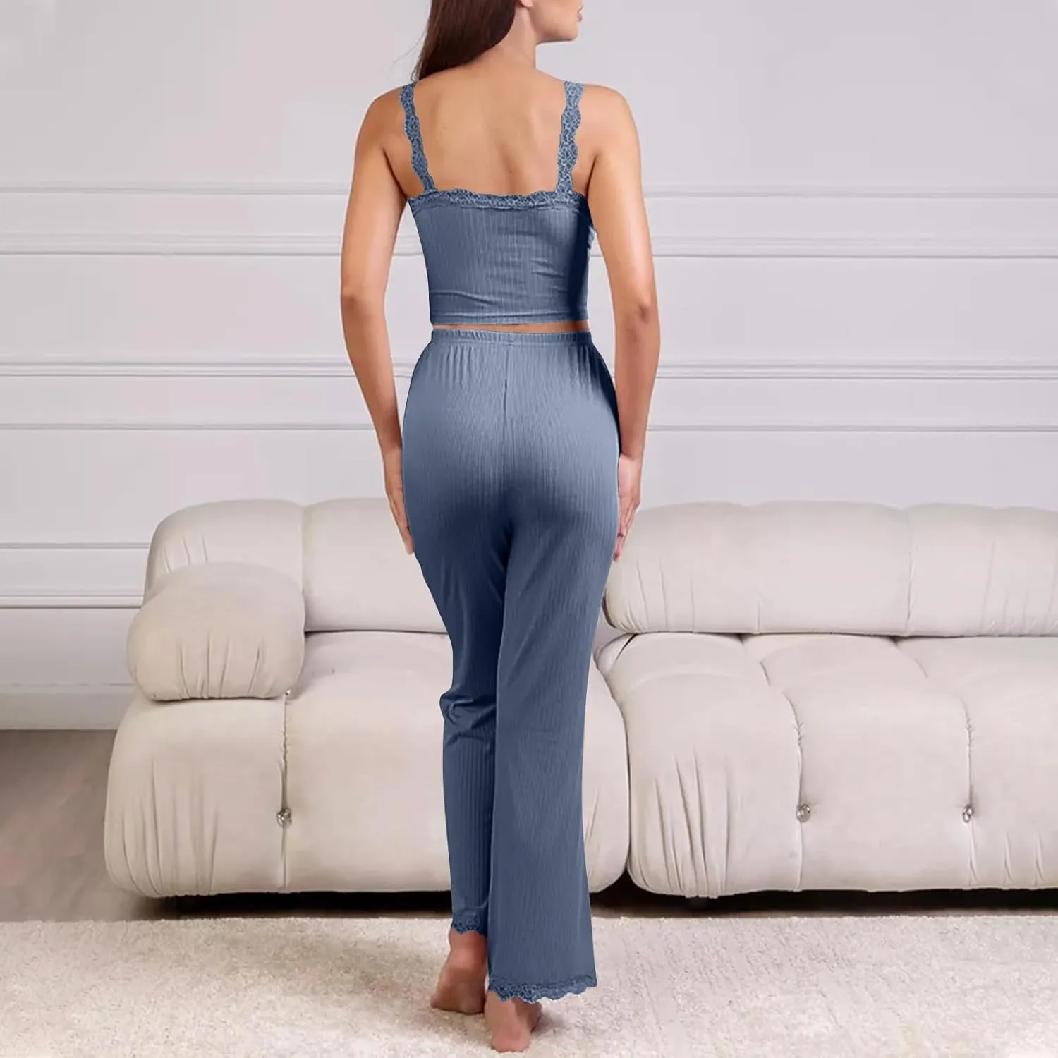 Women's 2 Piece Lounge Sets Ribbed Knit Crop Top High Waisted Wide Leg Pants Soft Sleepwear Loungewear Pajamas Sets
