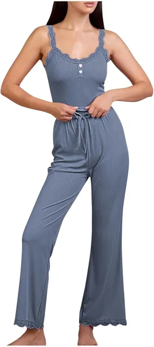 Women's 2 Piece Lounge Sets Ribbed Knit Crop Top High Waisted Wide Leg Pants Soft Sleepwear Loungewear Pajamas Sets