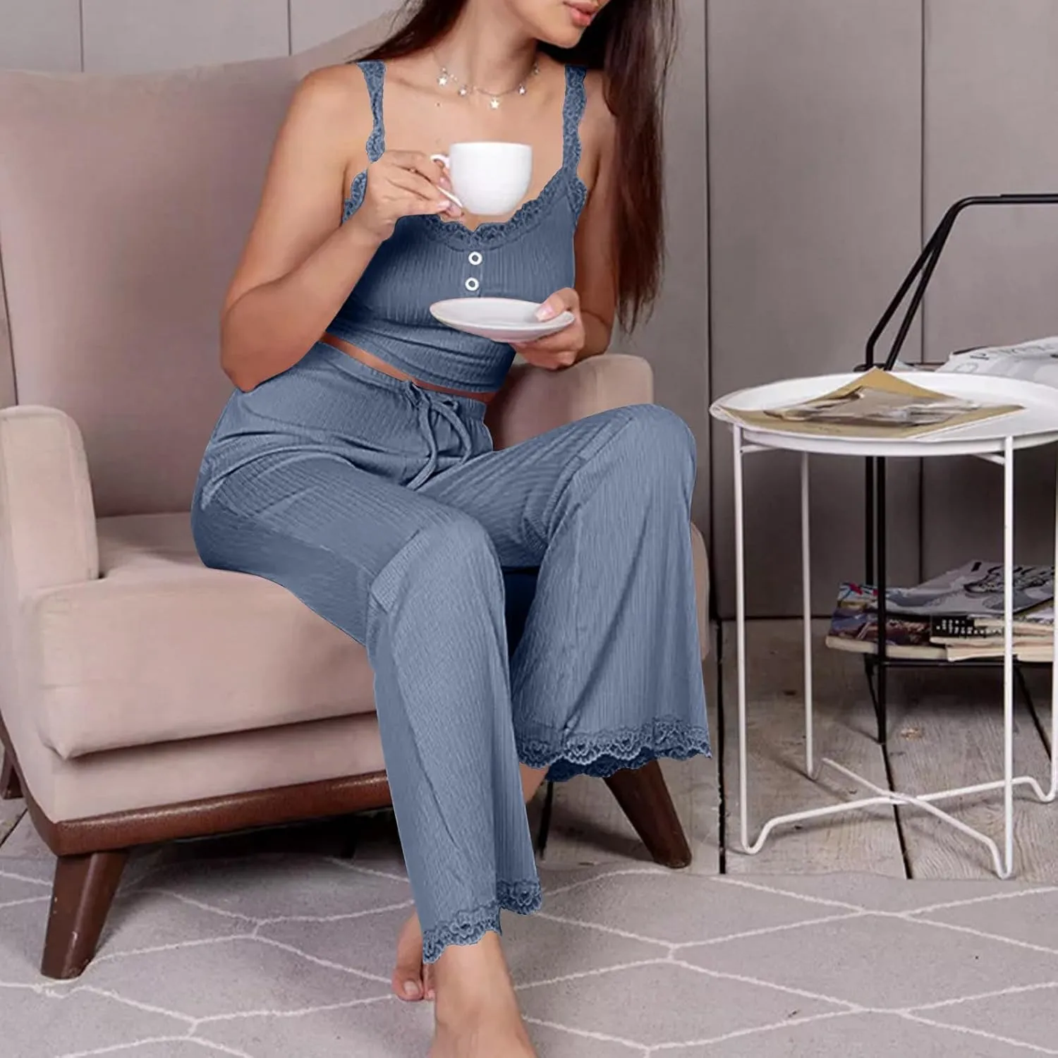 Women's 2 Piece Lounge Sets Ribbed Knit Crop Top High Waisted Wide Leg Pants Soft Sleepwear Loungewear Pajamas Sets