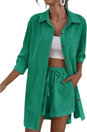 Women's 2 Piece Outfits Button Down 3/4 Sleeve Shirt and Drawstring Shorts Going Out Set Lounge Tracksuit Outfit