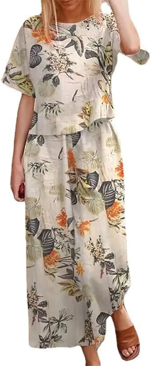 Women's 2 Piece Outfits Linen Short Sleeve Set Floral Print Crewneck Tops Wide Leg Pants Set Summer Matching Outfit