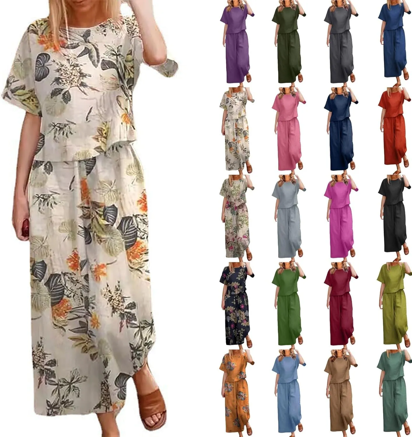 Women's 2 Piece Outfits Linen Short Sleeve Set Floral Print Crewneck Tops Wide Leg Pants Set Summer Matching Outfit