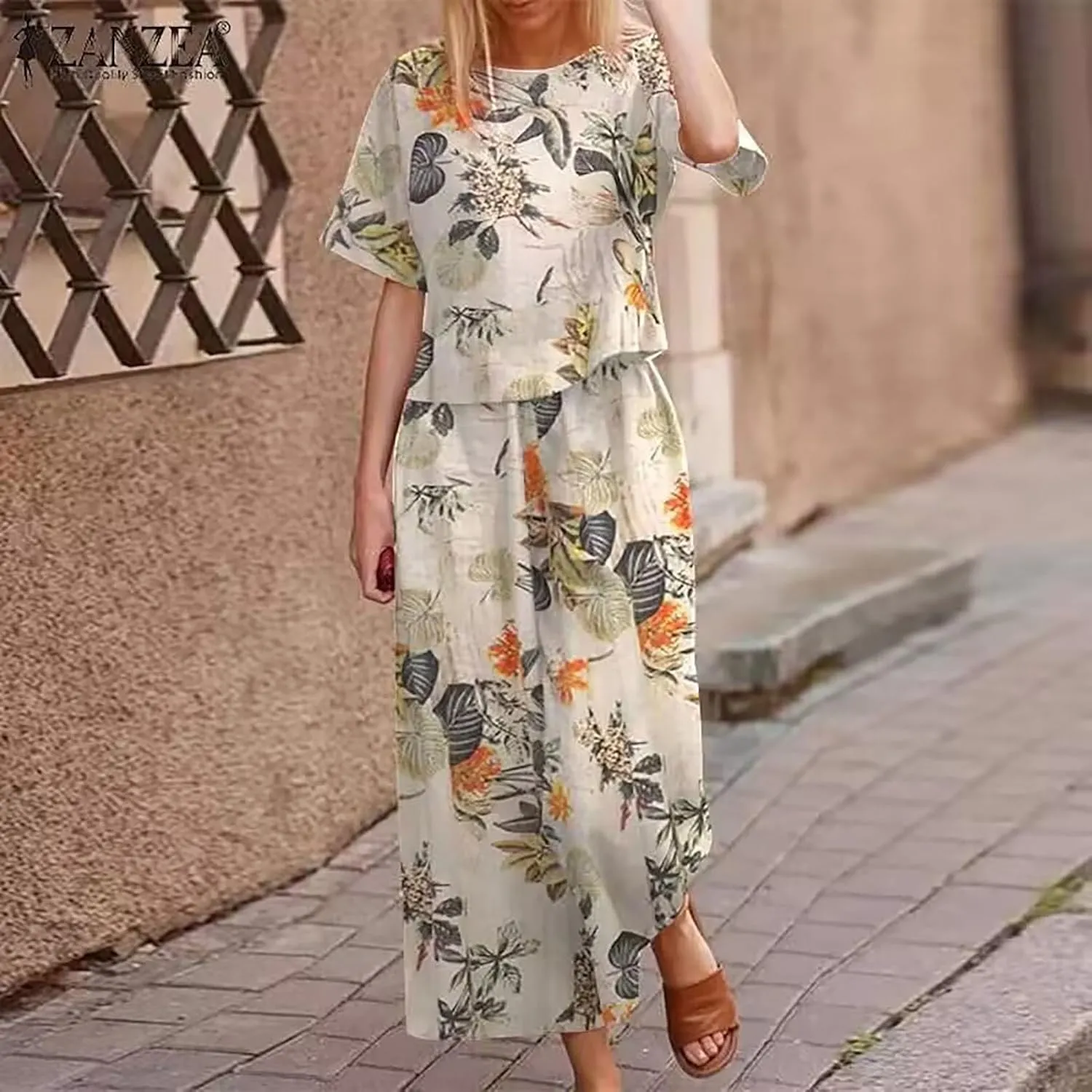 Women's 2 Piece Outfits Linen Short Sleeve Set Floral Print Crewneck Tops Wide Leg Pants Set Summer Matching Outfit
