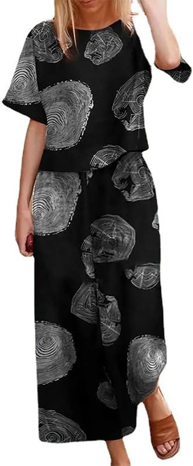 Women's 2 Piece Outfits Linen Short Sleeve Set Floral Print Crewneck Tops Wide Leg Pants Set Summer Matching Outfit
