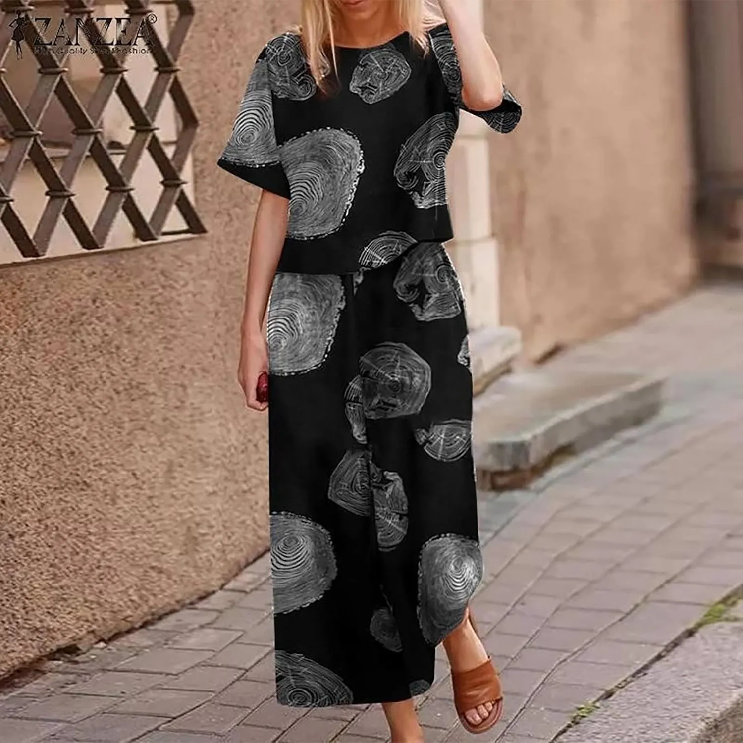 Women's 2 Piece Outfits Linen Short Sleeve Set Floral Print Crewneck Tops Wide Leg Pants Set Summer Matching Outfit