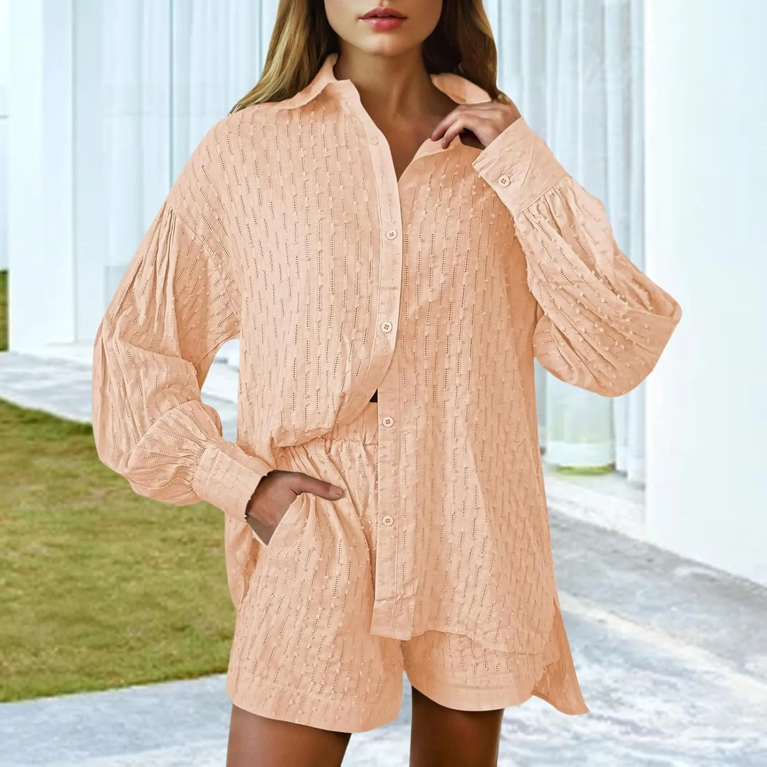 Womens 2 Piece Outfits Summer Dressy Long Sleeve Button Down Shirts and Shorts Tracksuit Matching Sets