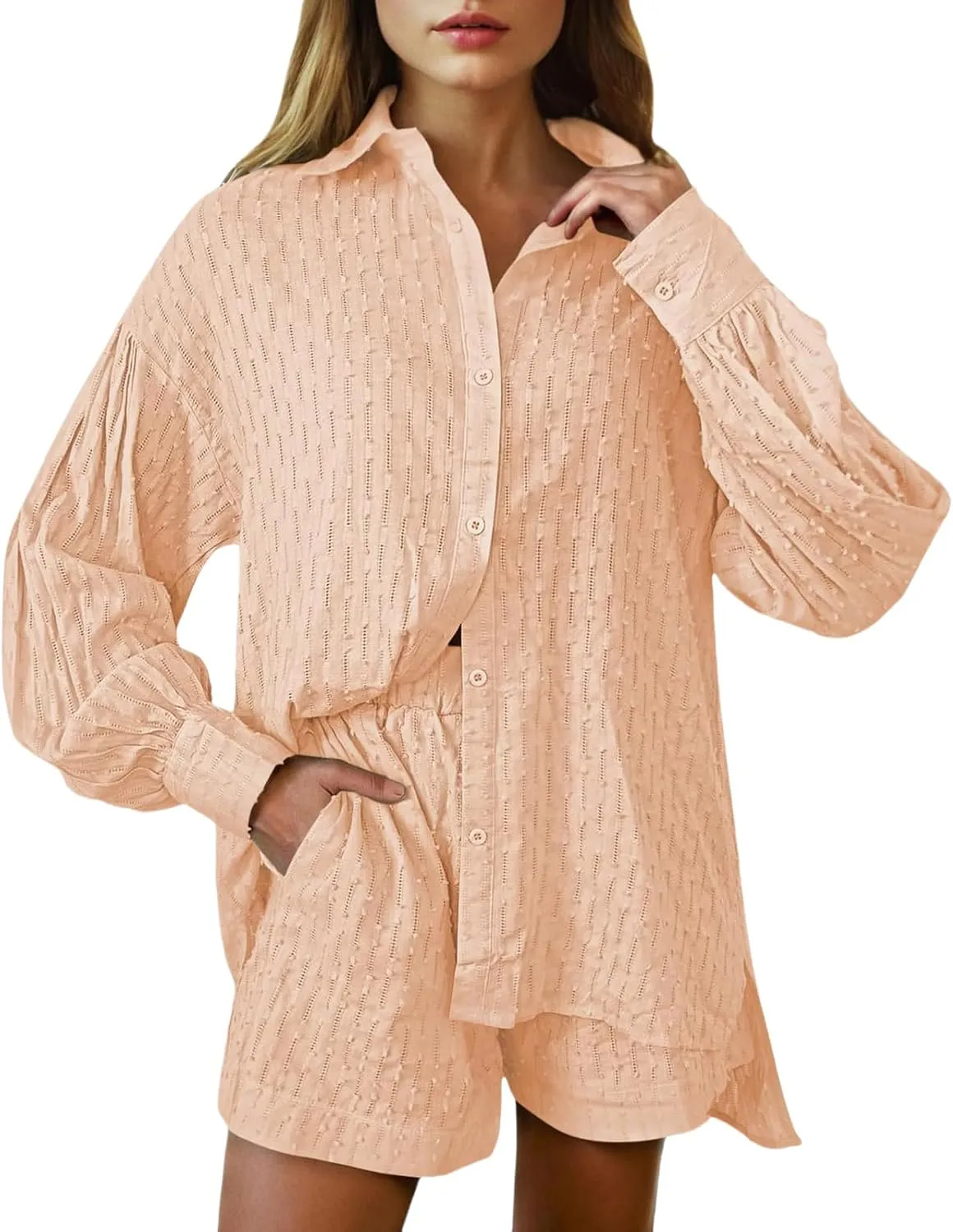 Womens 2 Piece Outfits Summer Dressy Long Sleeve Button Down Shirts and Shorts Tracksuit Matching Sets