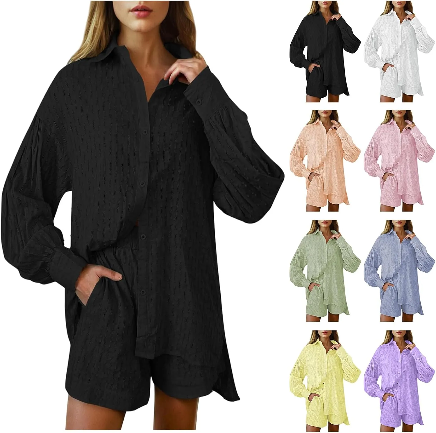 Womens 2 Piece Outfits Summer Dressy Long Sleeve Button Down Shirts and Shorts Tracksuit Matching Sets