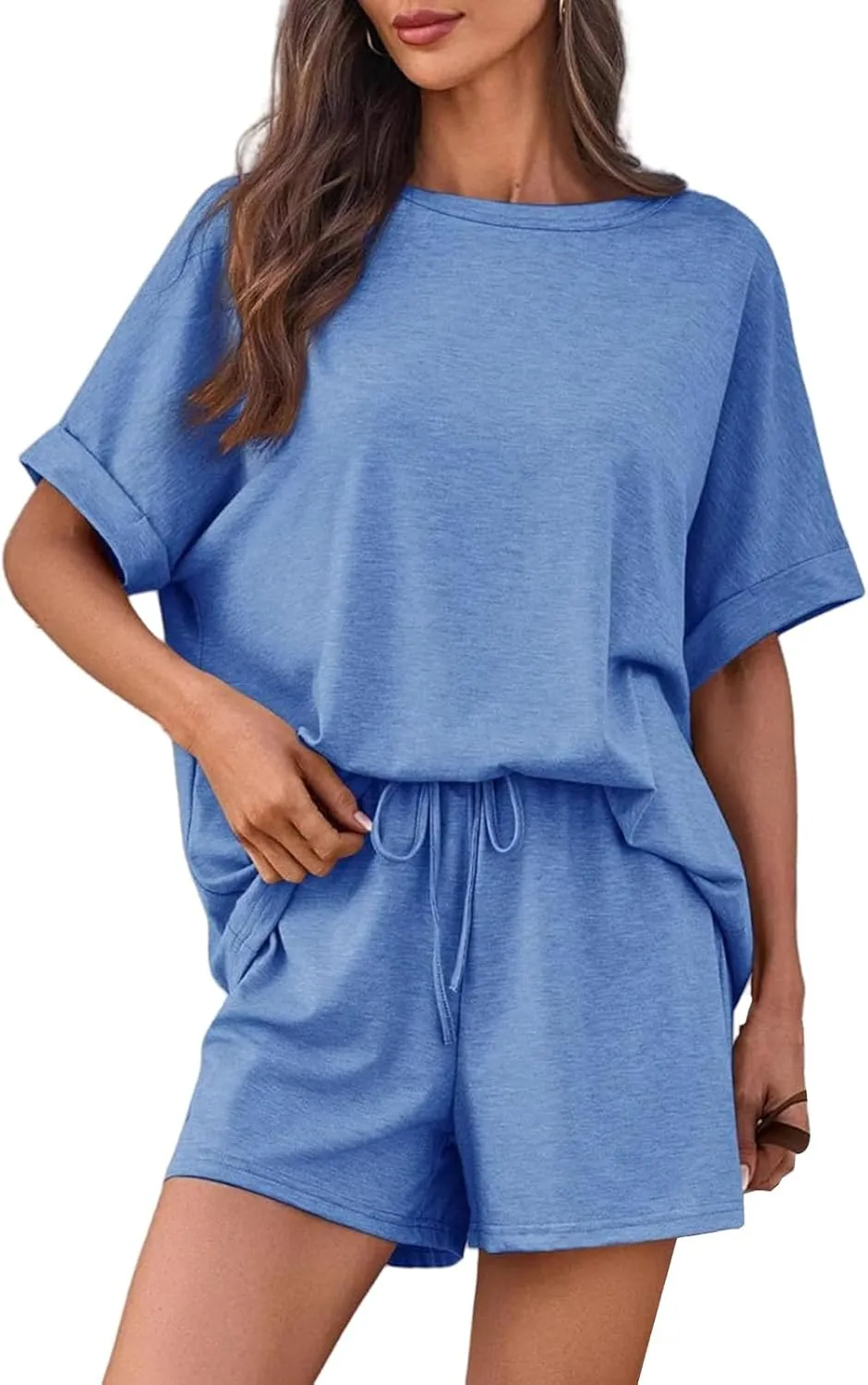 Womens 2 Piece Outfits Summer Oversized Short Sleeve T-Shirts Matching Drawstring Shorts Lounge Set Tracksuit Outfits