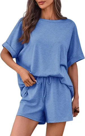 Womens 2 Piece Outfits Summer Oversized Short Sleeve T-Shirts Matching Drawstring Shorts Lounge Set Tracksuit Outfits