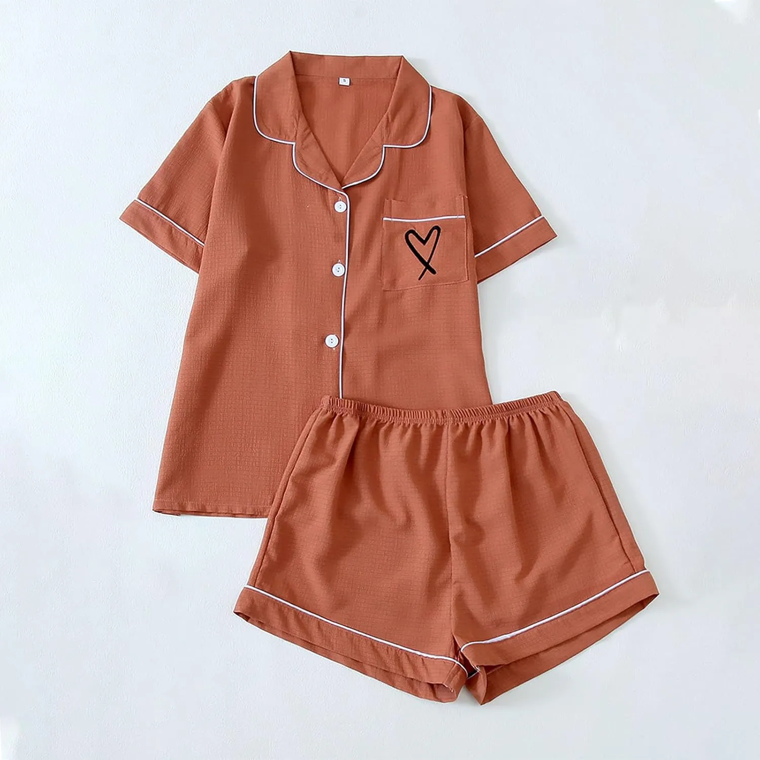 Womens 2 Piece Pajama Set Heart Print Collar Button Down Short Sleeve Shirt and Elastic Waist Shorts Comfy Lounge Sets