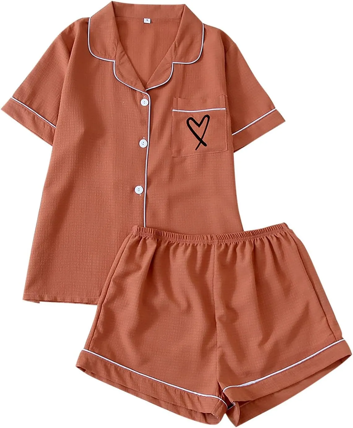 Womens 2 Piece Pajama Set Heart Print Collar Button Down Short Sleeve Shirt and Elastic Waist Shorts Comfy Lounge Sets