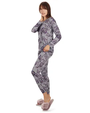 Women's 2 Piece Purple Blossom Long Sleeve and Tapered Pant Pajama Set