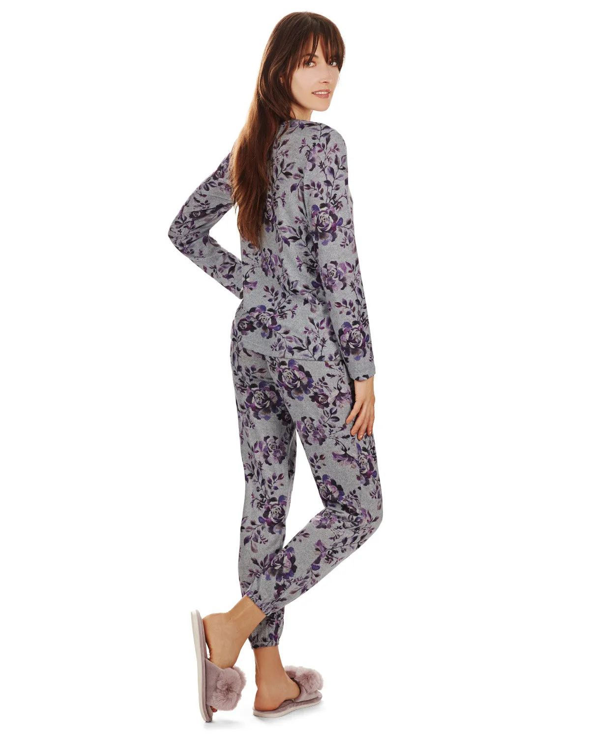 Women's 2 Piece Purple Blossom Long Sleeve and Tapered Pant Pajama Set