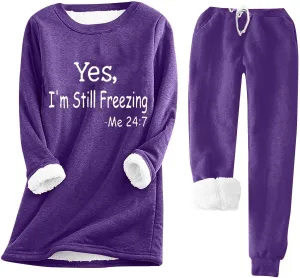 Womens 2pcs Loungwear Set Thicken Winter Warm Sherpa Fleece Lined Sweatshirt  Pants Soft Pjs Sleepwear with Pocket