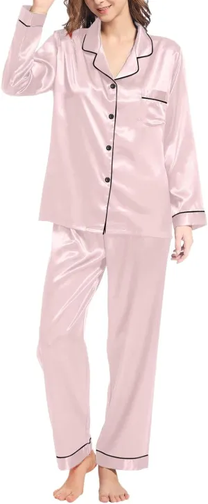Women's Button Down Satin Silk Pajamas Set Sleepwear Sets Long Sleeve V Neck Loungewear Nightwear Pj Sets