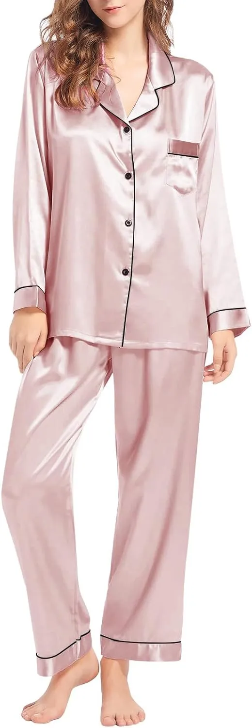 Women's Button Down Satin Silk Pajamas Set Sleepwear Sets Long Sleeve V Neck Loungewear Nightwear Pj Sets
