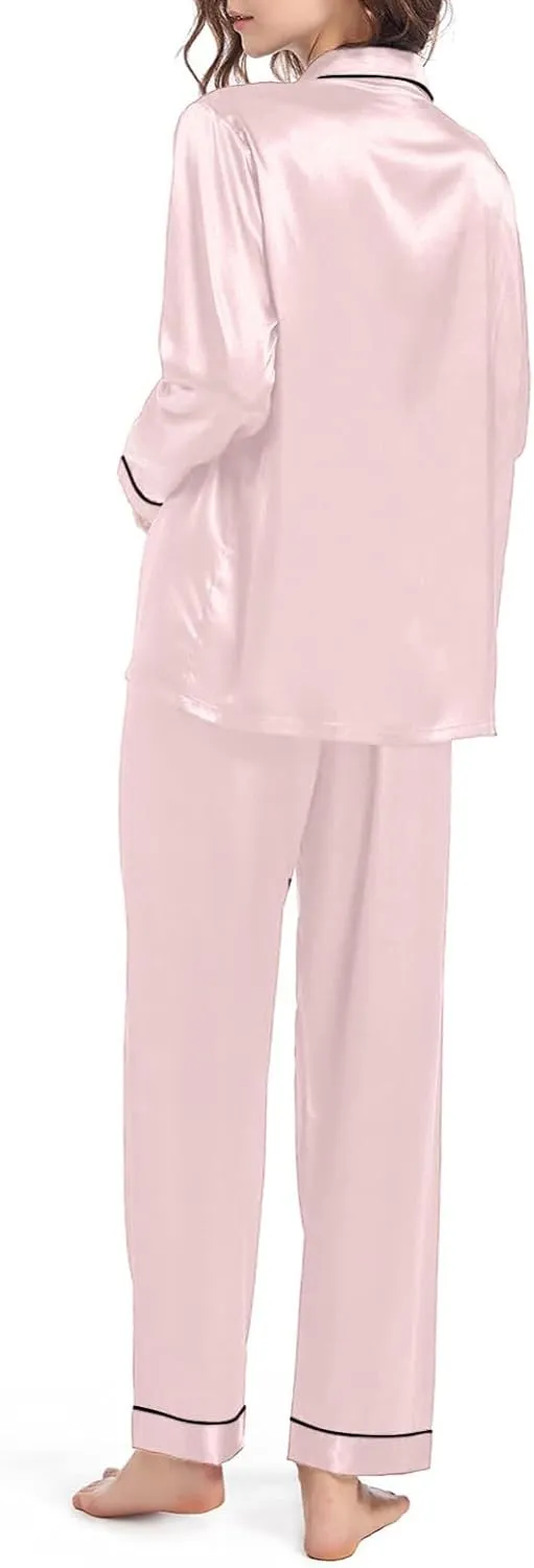 Women's Button Down Satin Silk Pajamas Set Sleepwear Sets Long Sleeve V Neck Loungewear Nightwear Pj Sets