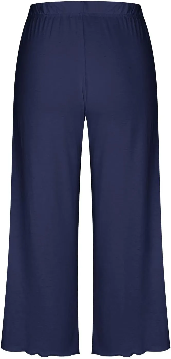 Womens Capri Pajamas Set 2 Piece Summer Lounge Sets Short Sleeve Round Neck Tops Soft Cropped Pants Comfy Sleepwear