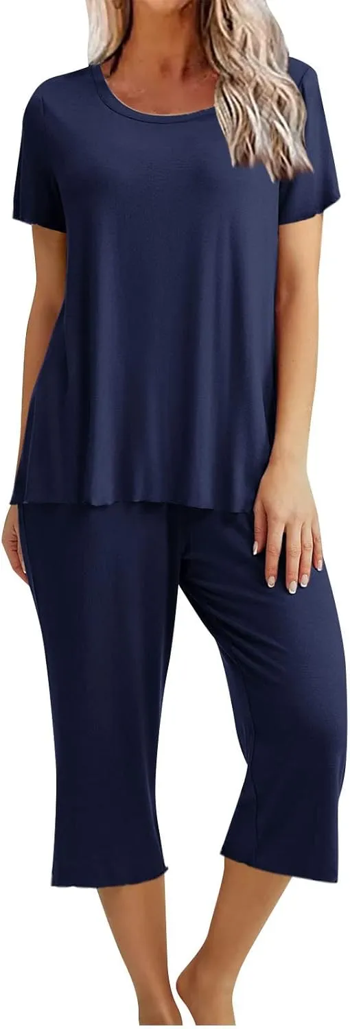 Womens Capri Pajamas Set 2 Piece Summer Lounge Sets Short Sleeve Round Neck Tops Soft Cropped Pants Comfy Sleepwear