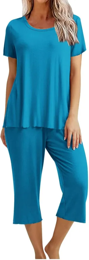 Womens Capri Pajamas Set 2 Piece Summer Lounge Sets Short Sleeve Round Neck Tops Soft Cropped Pants Comfy Sleepwear