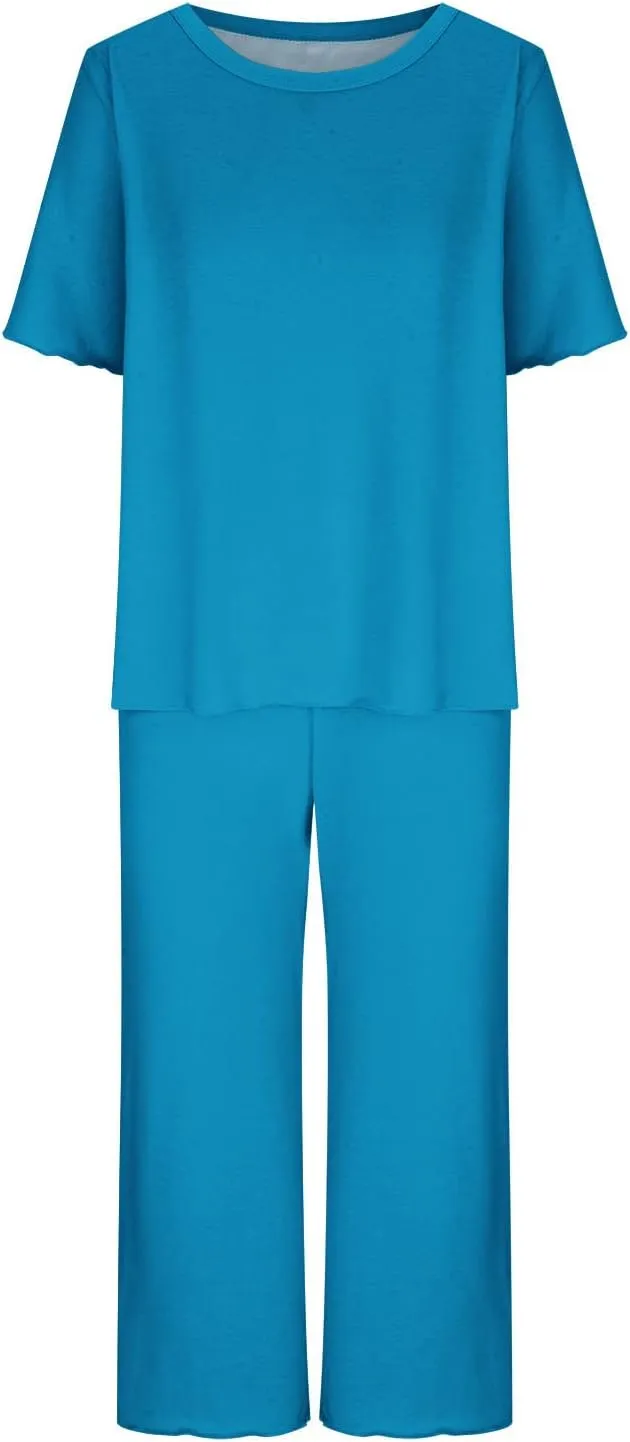 Womens Capri Pajamas Set 2 Piece Summer Lounge Sets Short Sleeve Round Neck Tops Soft Cropped Pants Comfy Sleepwear
