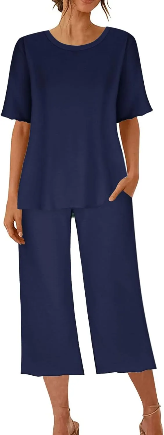 Womens Capri Pajamas Set 2 Piece Summer Lounge Sets Short Sleeve Round Neck Tops Soft Cropped Pants Comfy Sleepwear