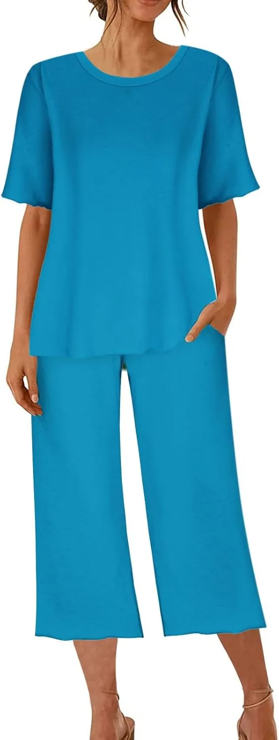 Womens Capri Pajamas Set 2 Piece Summer Lounge Sets Short Sleeve Round Neck Tops Soft Cropped Pants Comfy Sleepwear