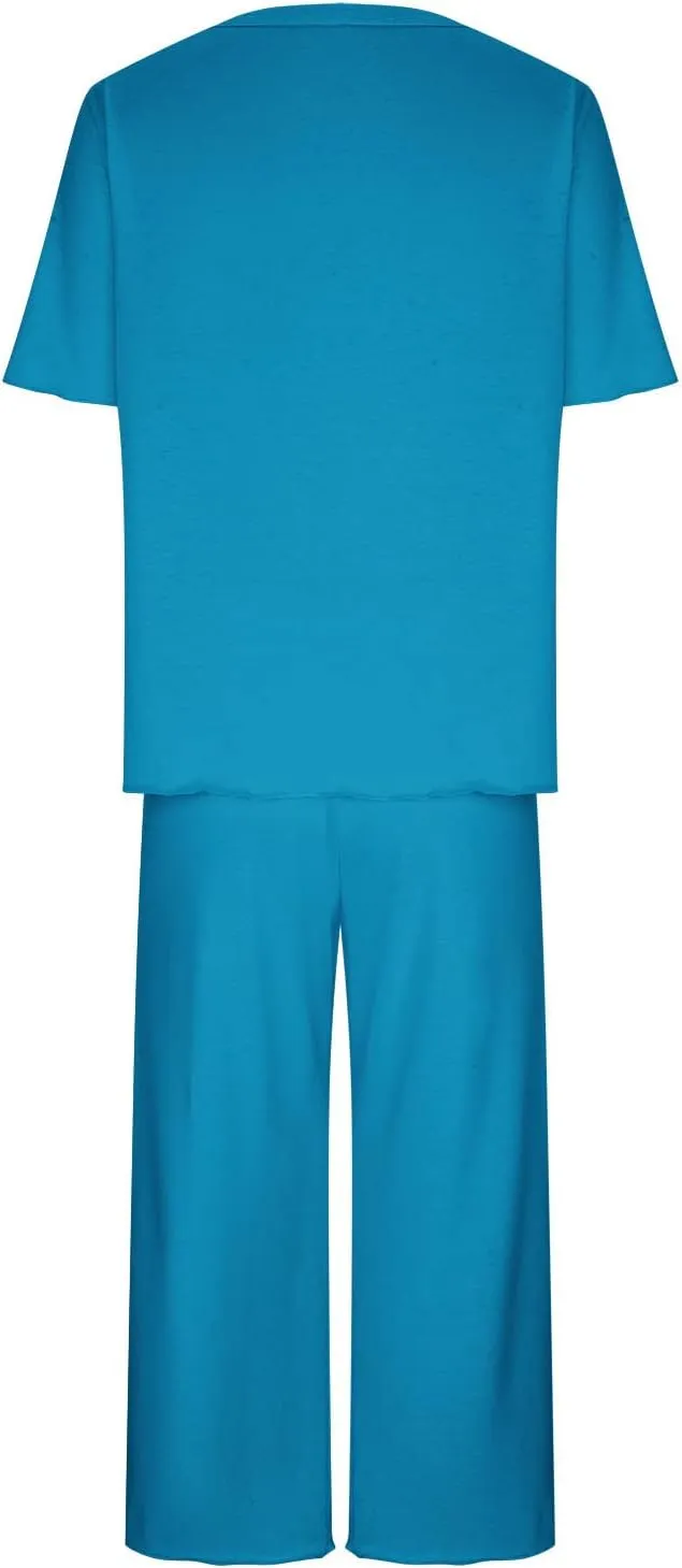 Womens Capri Pajamas Set 2 Piece Summer Lounge Sets Short Sleeve Round Neck Tops Soft Cropped Pants Comfy Sleepwear