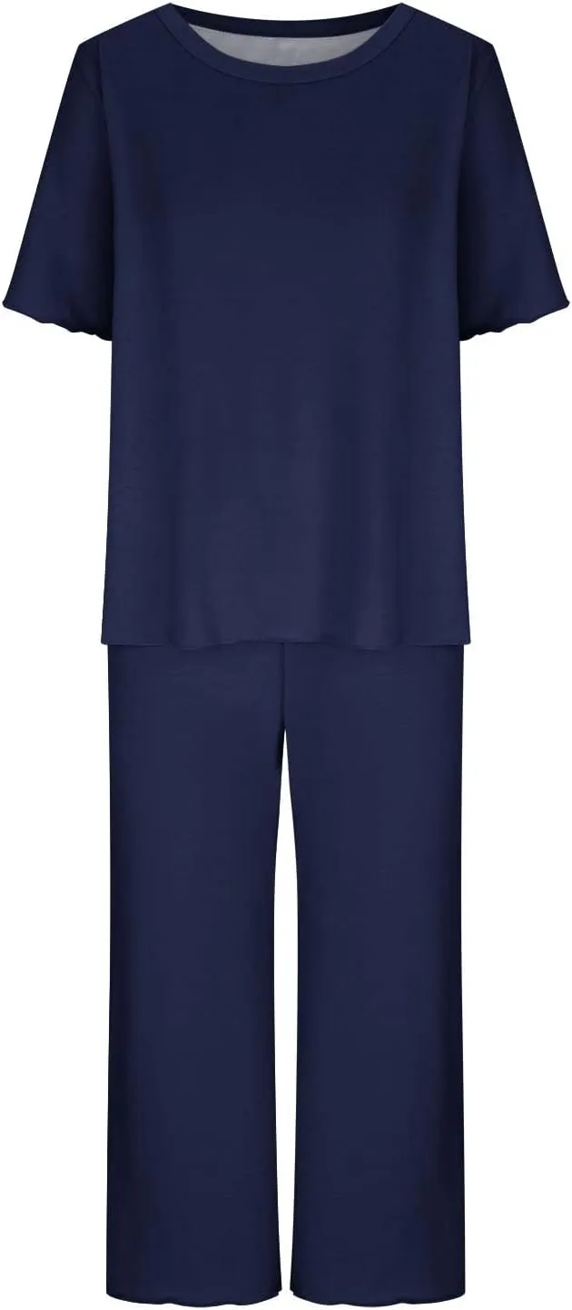 Womens Capri Pajamas Set 2 Piece Summer Lounge Sets Short Sleeve Round Neck Tops Soft Cropped Pants Comfy Sleepwear