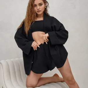 Women's Cardigan Black Strap Pajamas Pure Cotton