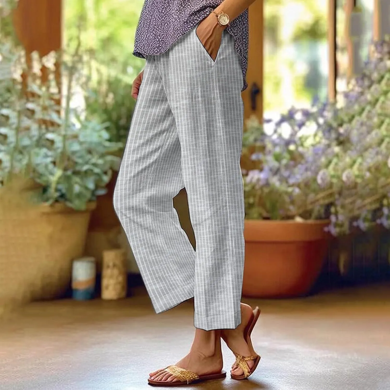 Women's Casual Boho Floral Print Cotton Linen Pants Elastic Waisted Drawstring Summer Spring Beach Baggy Capri