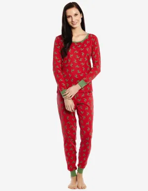 Women's Cotton Red & Green Reindeer Pajamas