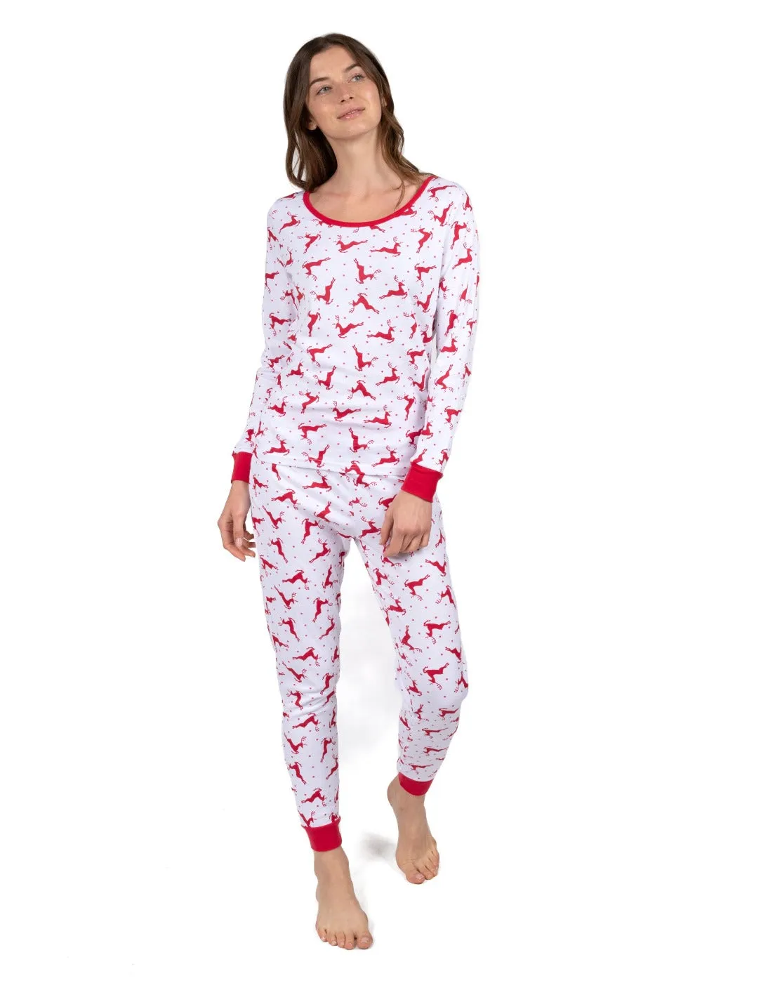 Women's Cotton Red & White Reindeer Pajamas