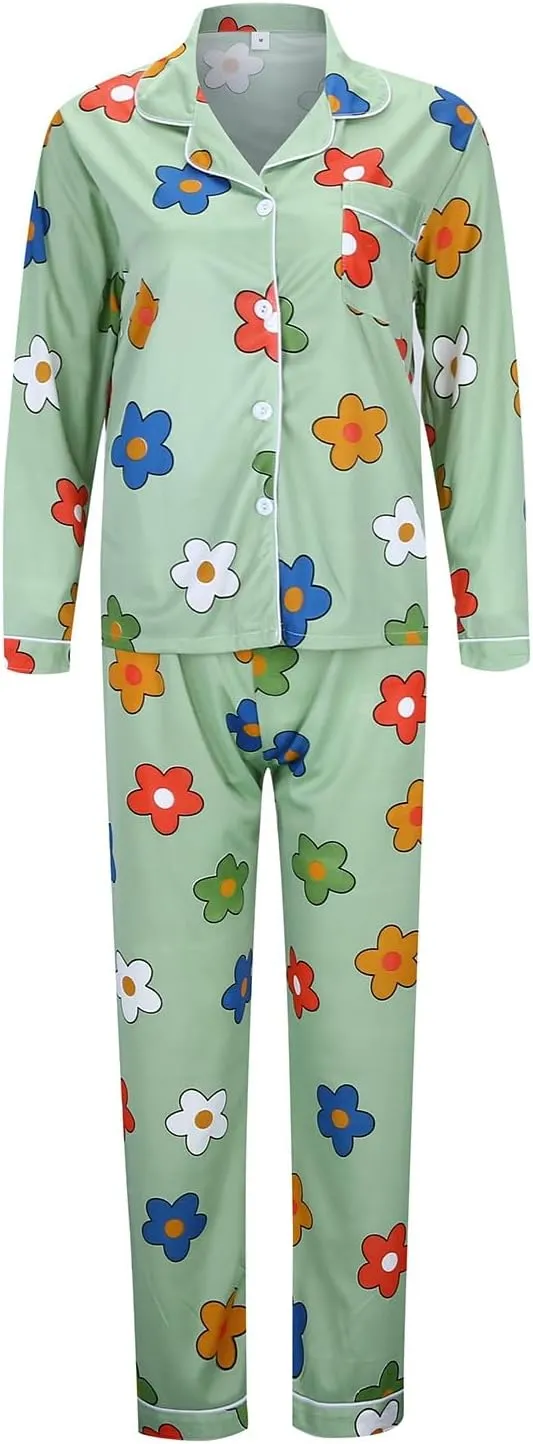Womens Cute Plus Size Pajamas Set Long Sleeve Button down Floral Printed Sleepwear Nightwear Soft Pjs Lounge Sets