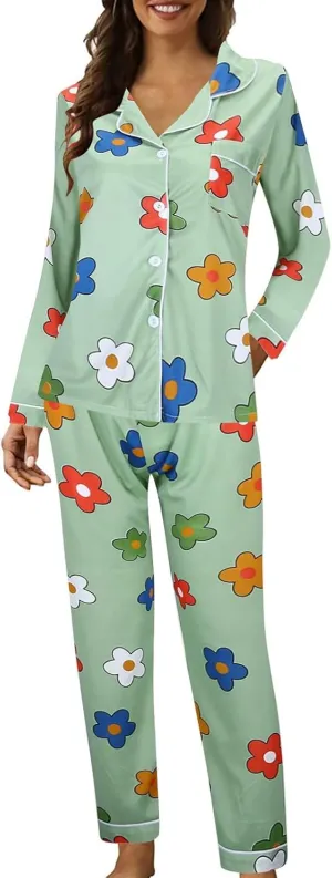 Womens Cute Plus Size Pajamas Set Long Sleeve Button down Floral Printed Sleepwear Nightwear Soft Pjs Lounge Sets