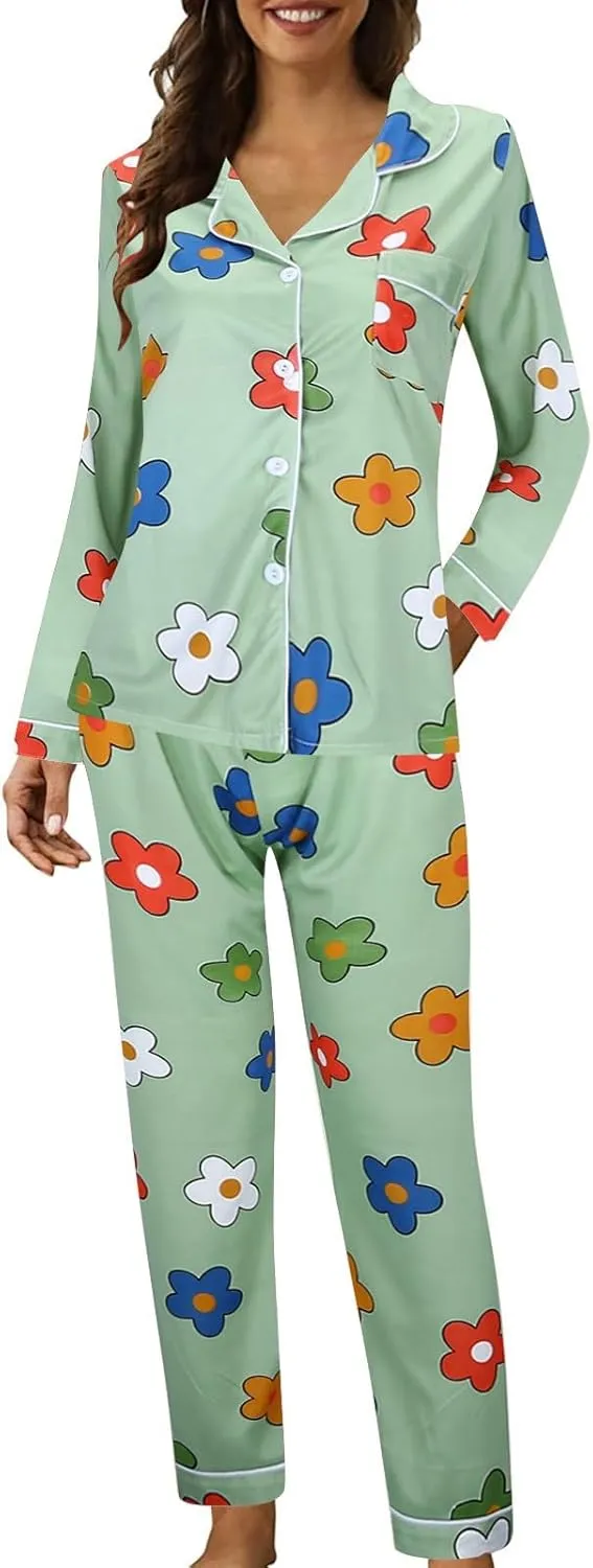 Womens Cute Plus Size Pajamas Set Long Sleeve Button down Floral Printed Sleepwear Nightwear Soft Pjs Lounge Sets