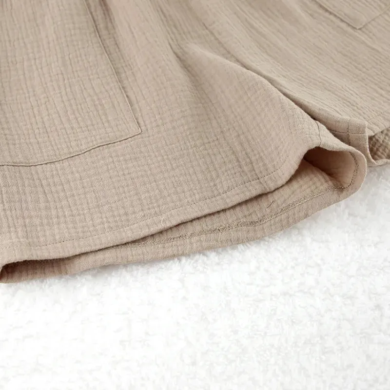 Women's Double-layer Gauze Short Sleeved Shirt, Bra Top and Shorts Loungewear Set