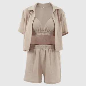 Women's Double-layer Gauze Short Sleeved Shirt, Bra Top and Shorts Loungewear Set