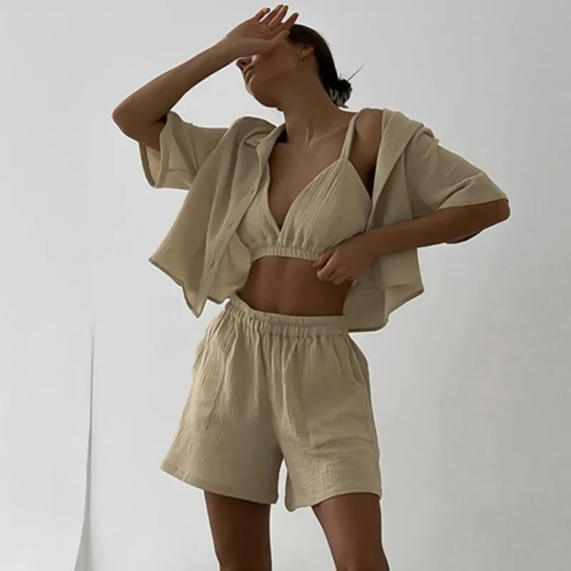 Women's Double-layer Gauze Short Sleeved Shirt, Bra Top and Shorts Loungewear Set