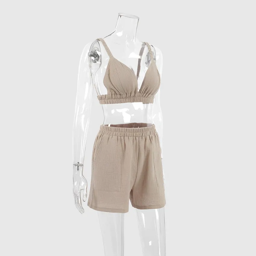 Women's Double-layer Gauze Short Sleeved Shirt, Bra Top and Shorts Loungewear Set