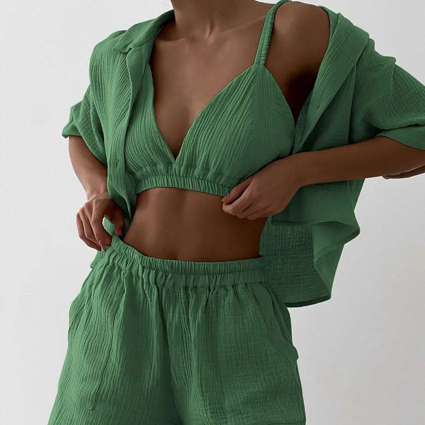 Women's Double-layer Gauze Short Sleeved Shirt, Bra Top and Shorts Loungewear Set