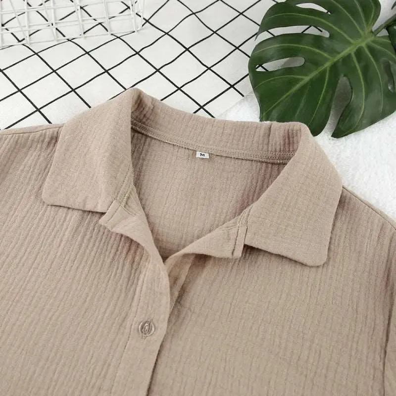 Women's Double-layer Gauze Short Sleeved Shirt, Bra Top and Shorts Loungewear Set