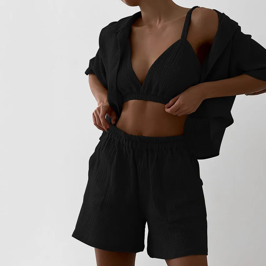 Women's Double-layer Gauze Short Sleeved Shirt, Bra Top and Shorts Loungewear Set