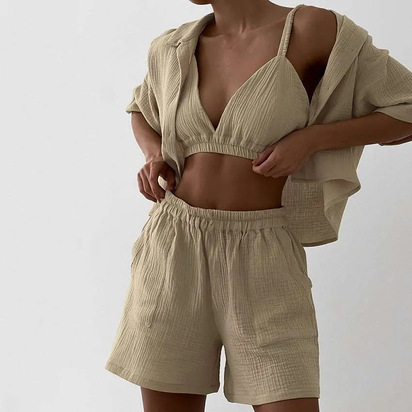 Women's Double-layer Gauze Short Sleeved Shirt, Bra Top and Shorts Loungewear Set