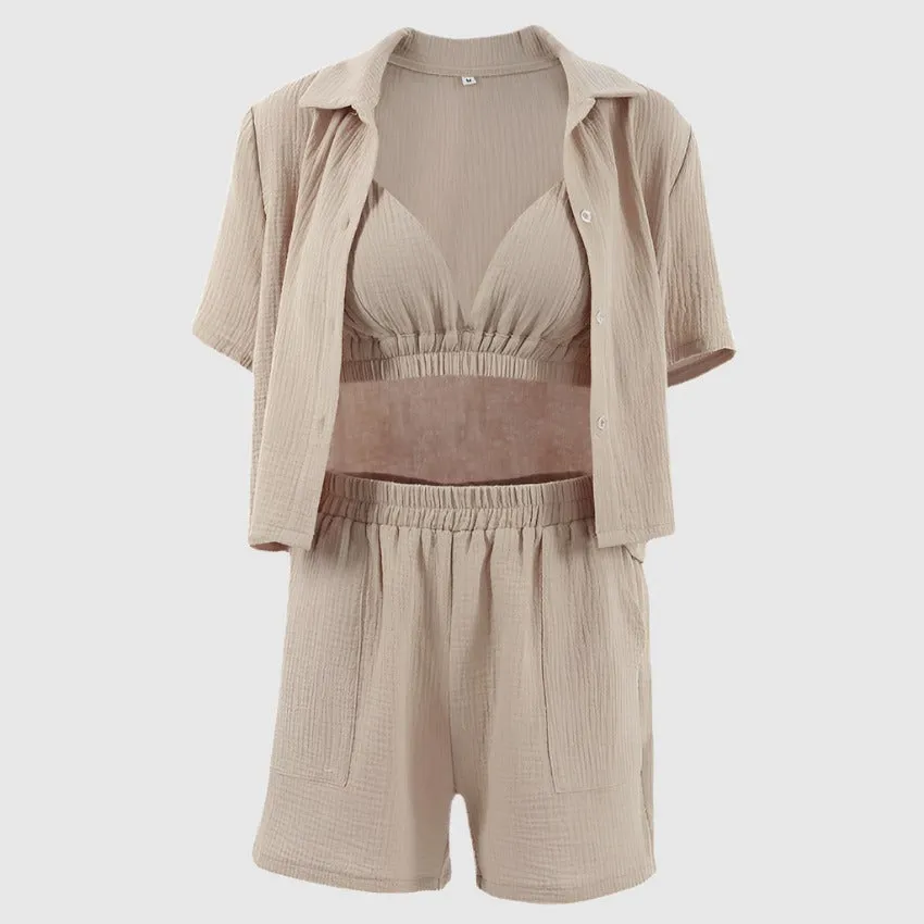 Women's Double-layer Gauze Short Sleeved Shirt, Bra Top and Shorts Loungewear Set